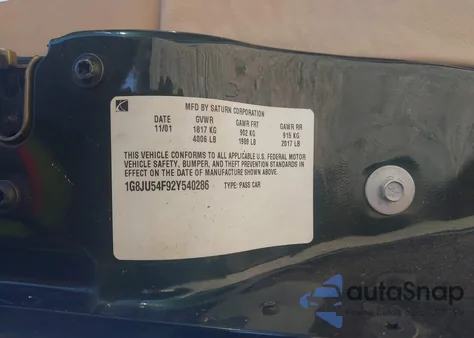 2002 Saturn L-Series L200 from USA, damaged, VIN 1G8JU54F92Y540286